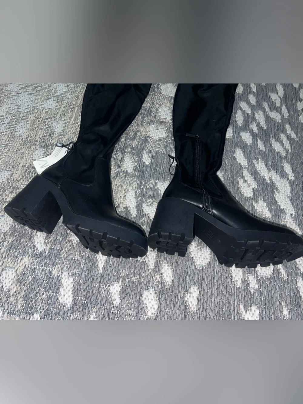 Zara Black Faux-Leather Over-The-Knee Chunky Heel Boots